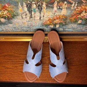 Blue suede open- toe peep toe block heel sandals with cut out